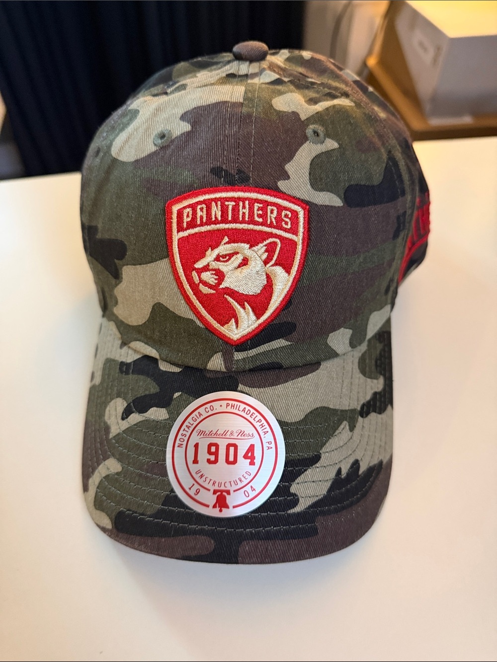 Mitchell & Ness Panthers Camo Baseball Cap with Red Patch